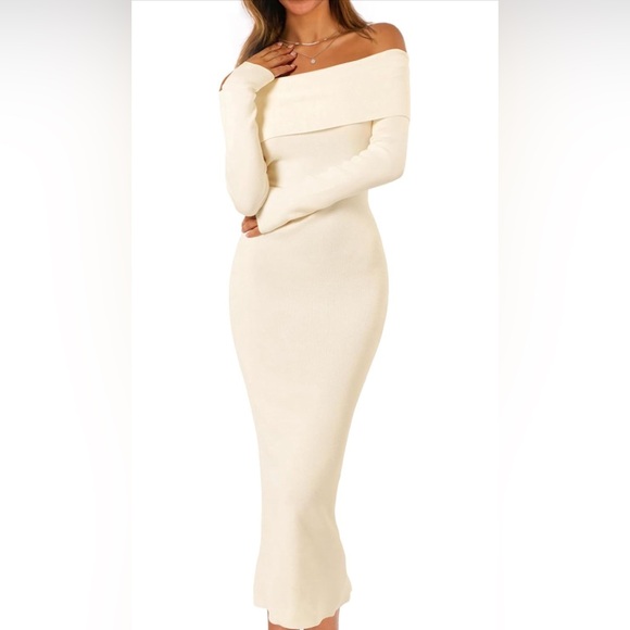 MEROKEETY Off Shoulder Bodycon Sweater Formal Long Sleeve ElegantMidi Maxi Dress - Picture 4 of 4